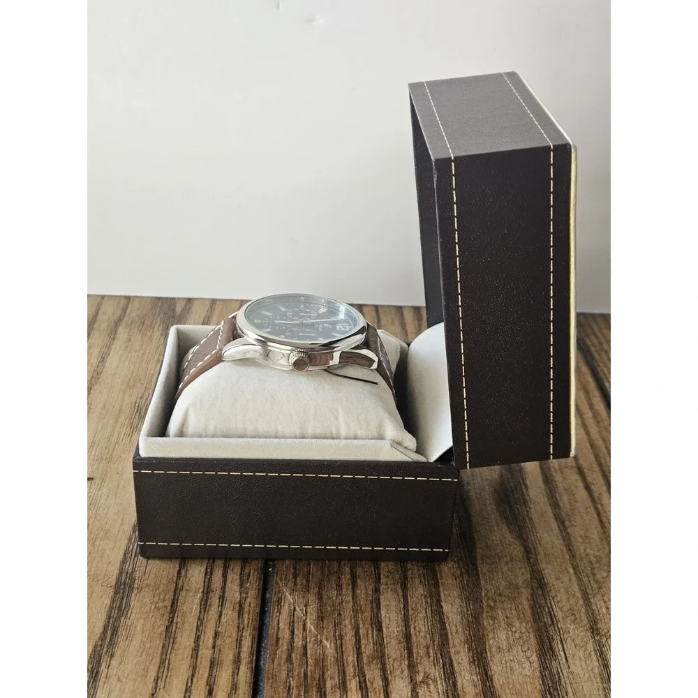 Caribbean Joe Mens Chronograph Watch Blue Sunray Dial Brown Faux Leather Strap